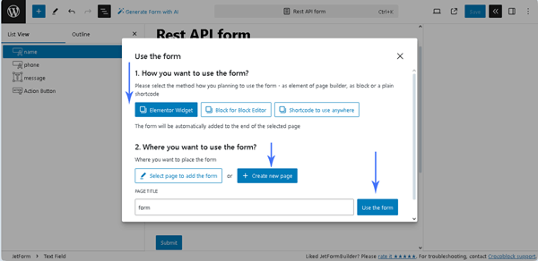 use the form pop-up